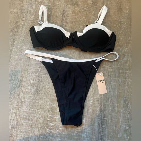 JIMMI SWIM NWT Tuxedo Bikini Set Swim Suit Size L Black White Demi Padded Cheeky - Picture 2 of 16